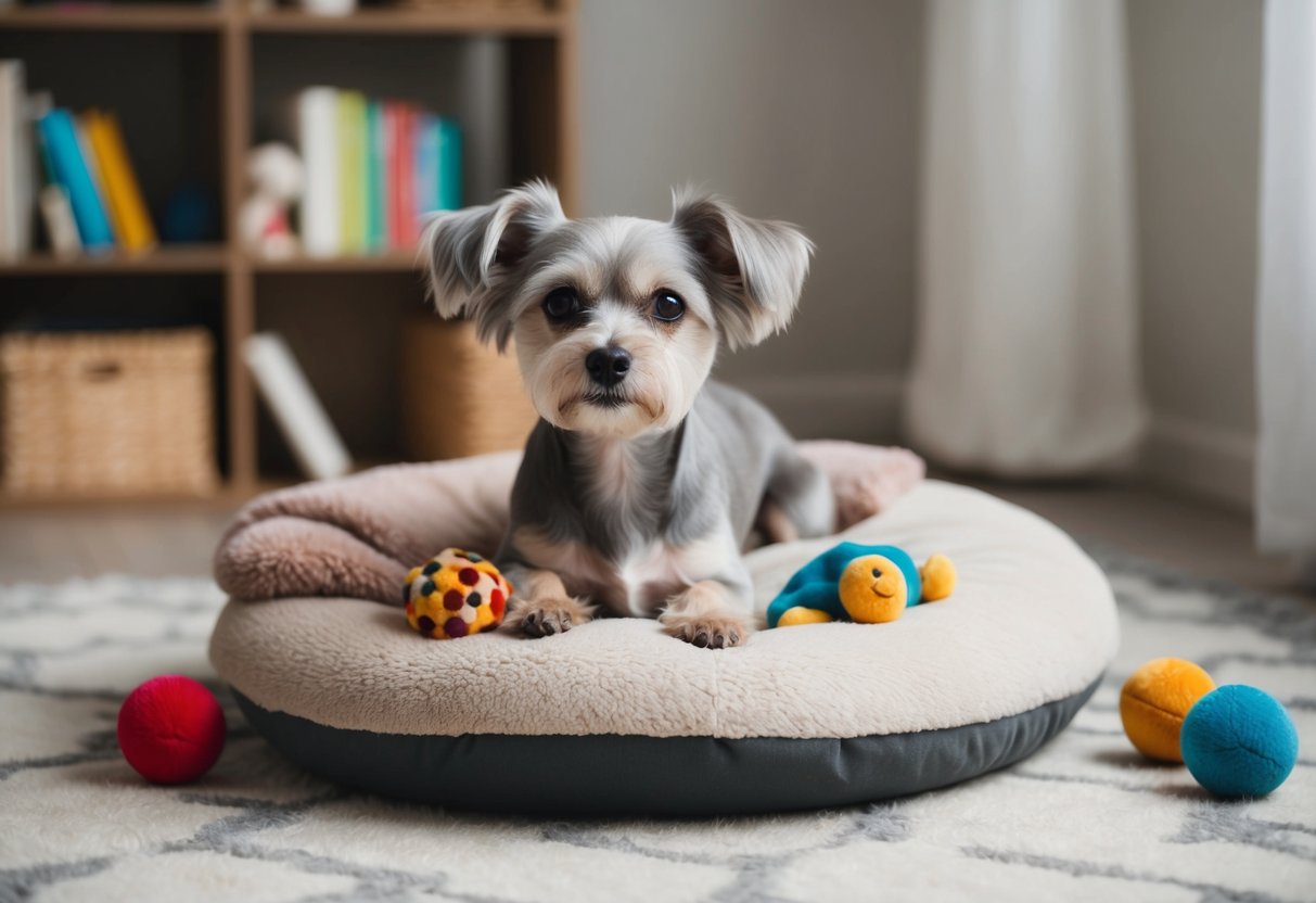 A small, elderly dog with gray fur and cloudy eyes sits on a plush cushion, surrounded by toys and a cozy blanket