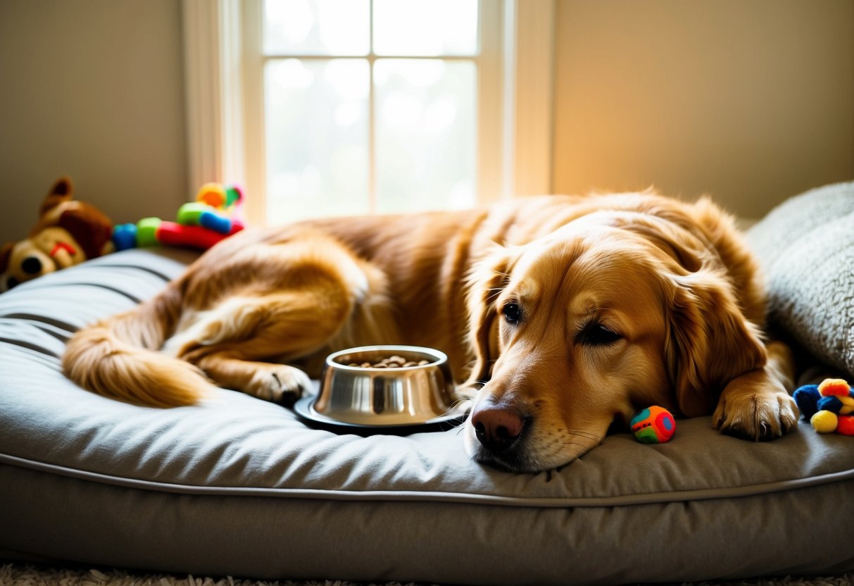 A golden retriever rests peacefully on a plush bed, surrounded by toys and a food bowl. The sun streams through a window, casting a warm glow on the aging dog