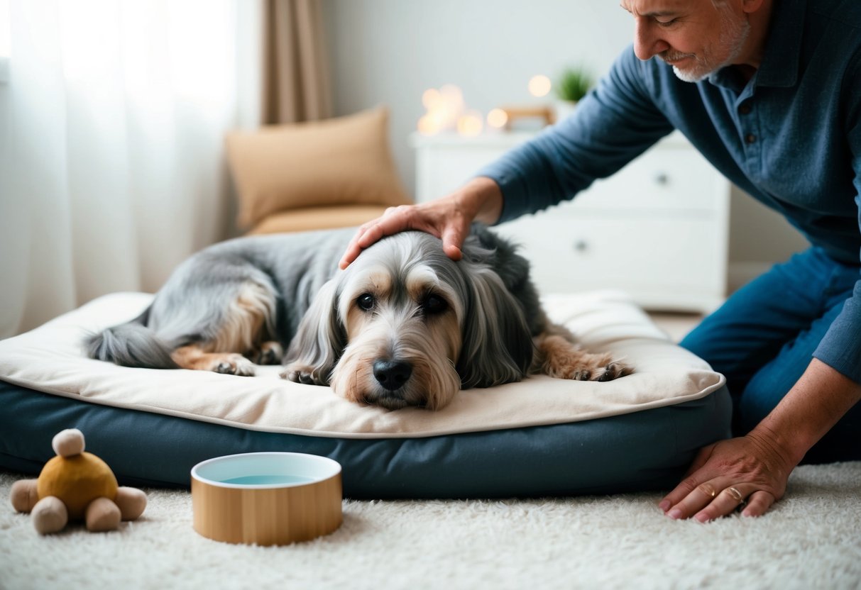 A senior dog with gray fur lies on a soft bed, surrounded by comforting toys and a bowl of water. A concerned owner gently strokes the dog's head