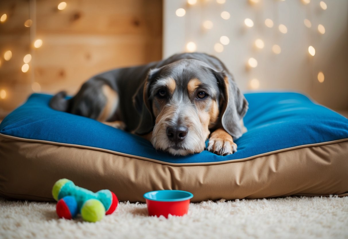 A senior dog with a gray muzzle lies on a cozy bed, surrounded by toys and a bowl of water. The dog looks content, with a peaceful expression on its face