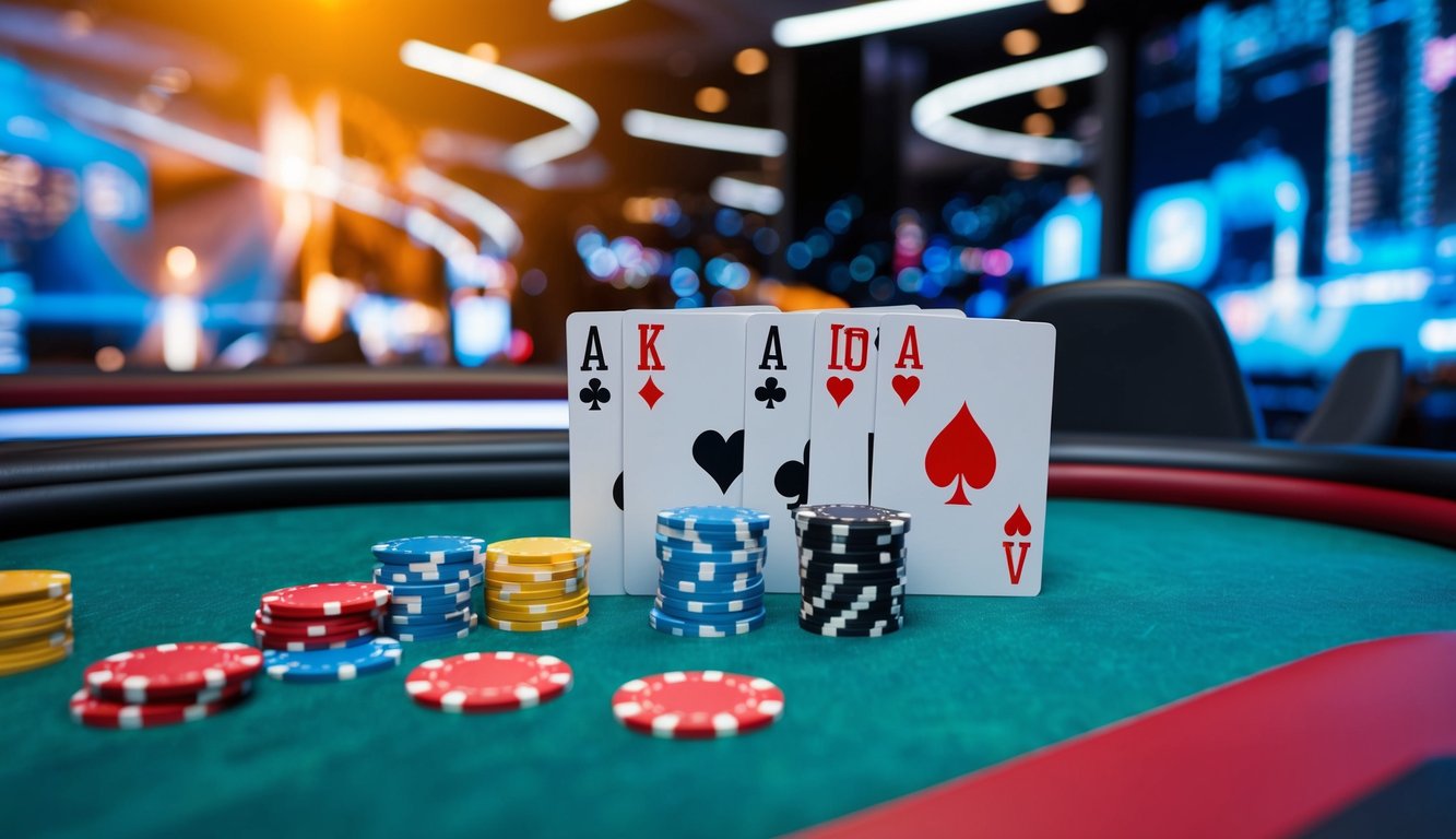 Sebuah meja poker online yang hidup dengan kartu, chip, dan antarmuka yang ramping, dikelilingi oleh latar belakang lingkungan digital yang dinamis dan modern