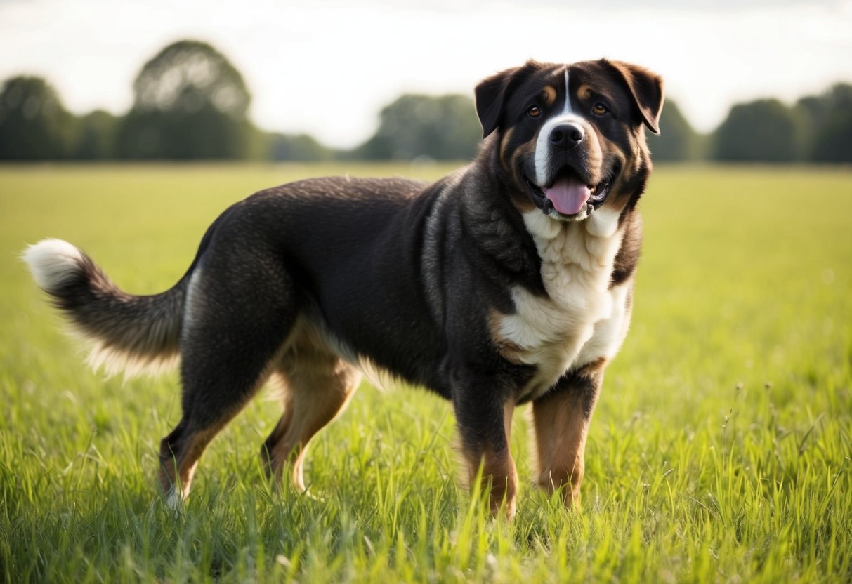 A large dog, weighing 30 pounds, stands tall and proud in a grassy field, its fur blowing gently in the breeze