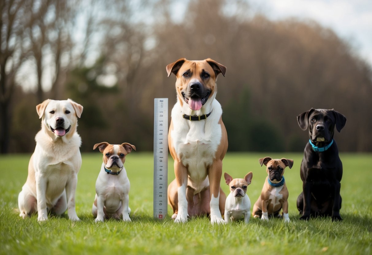 A 30-pound dog stands next to a ruler, surrounded by smaller and larger dogs for comparison