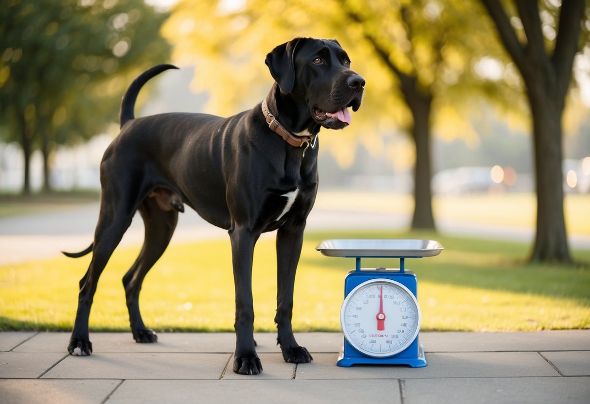 A large dog breed, such as a Great Dane or Bernese Mountain Dog, standing next to a scale showing 30 pounds