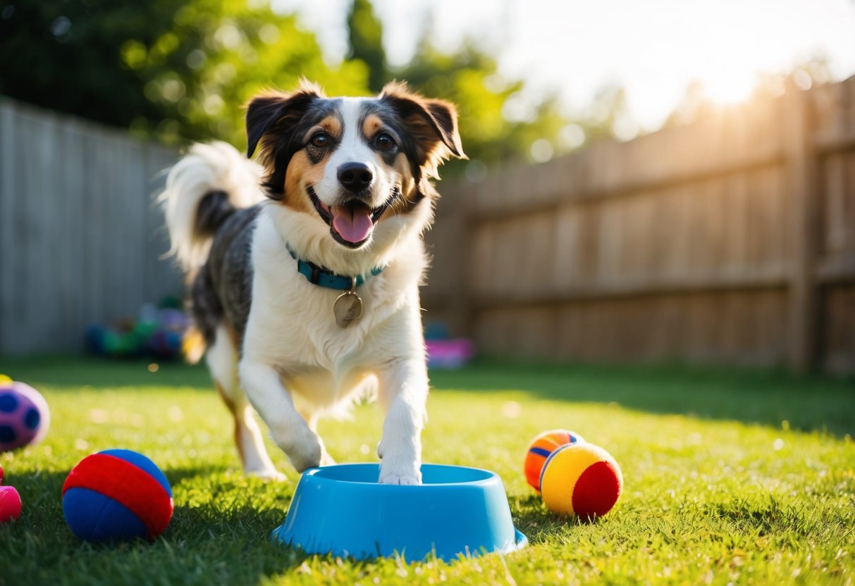 A happy 14-year-old dog playing in a sunny backyard, surrounded by toys and a water bowl