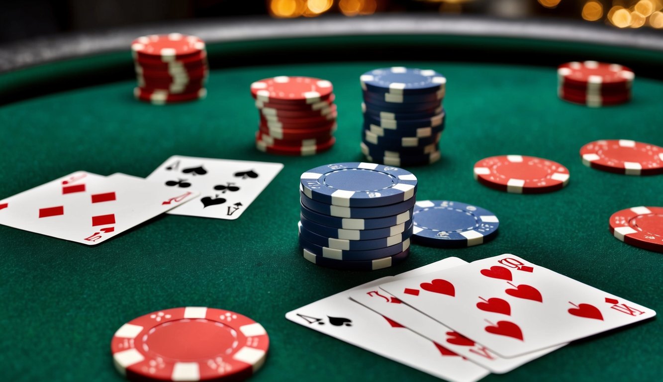 Sekelompok chip poker dan kartu berserakan di atas meja felt hijau