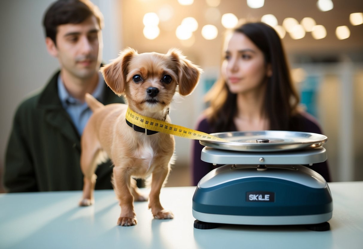 A small dog standing next to a scale, with a measuring tape wrapped around its chest, while a person looks on in curiosity