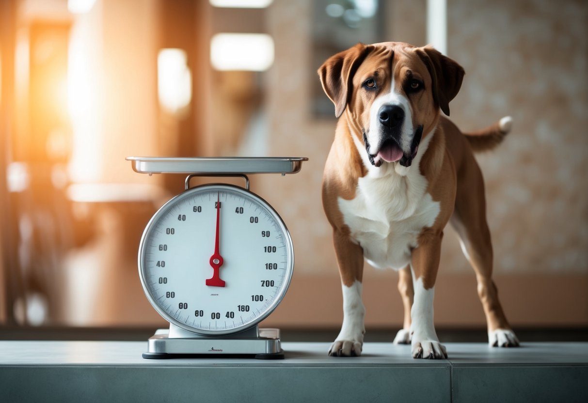 A large dog standing next to a scale reading 45kg
