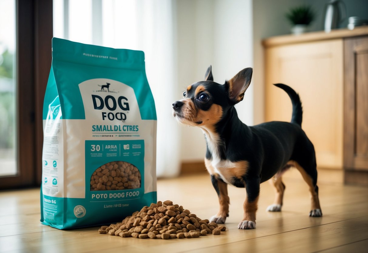 A small dog standing next to a 30-pound bag of dog food, looking up at it with curiosity
