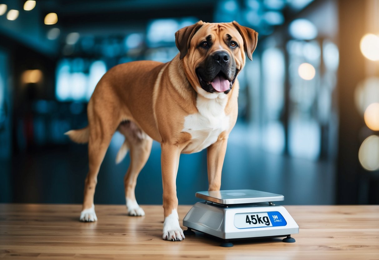 A large dog standing next to a scale, displaying a weight of 45kg