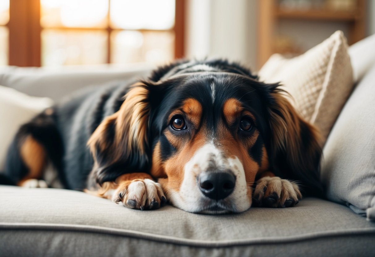 A senior dog, possibly a medium-sized breed, lying comfortably in a cozy spot with a thoughtful expression