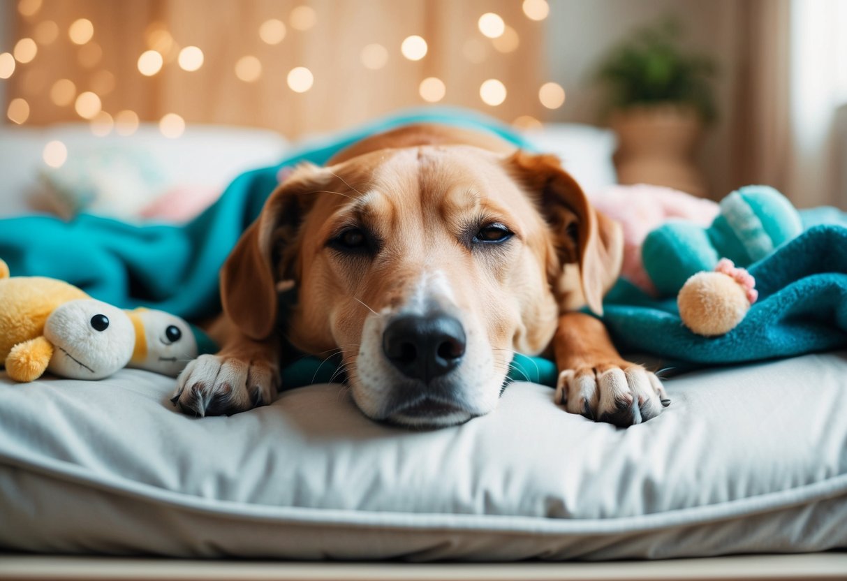 An elderly dog lying peacefully in a cozy bed, surrounded by soft blankets and toys, with a gentle smile on its face