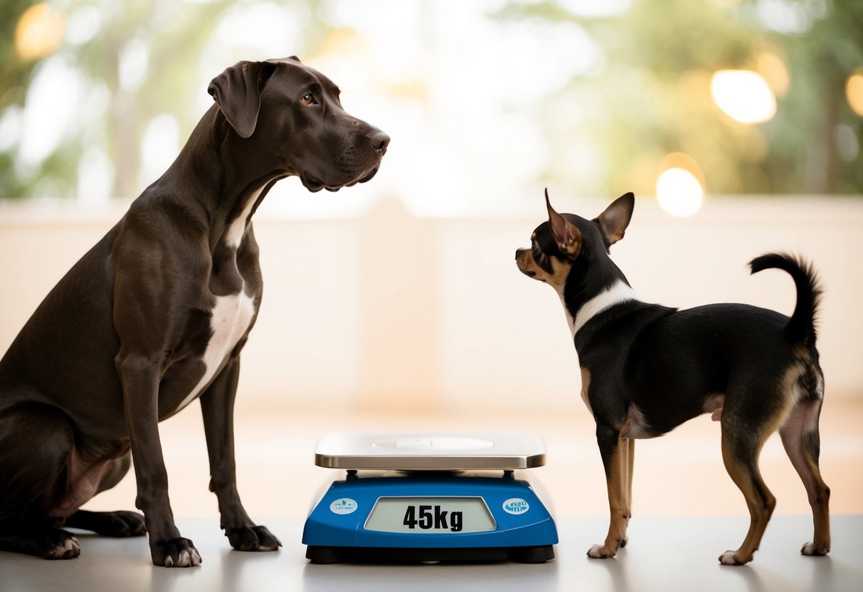 A Great Dane standing next to a Chihuahua, both looking towards a scale with a 45kg weight on it