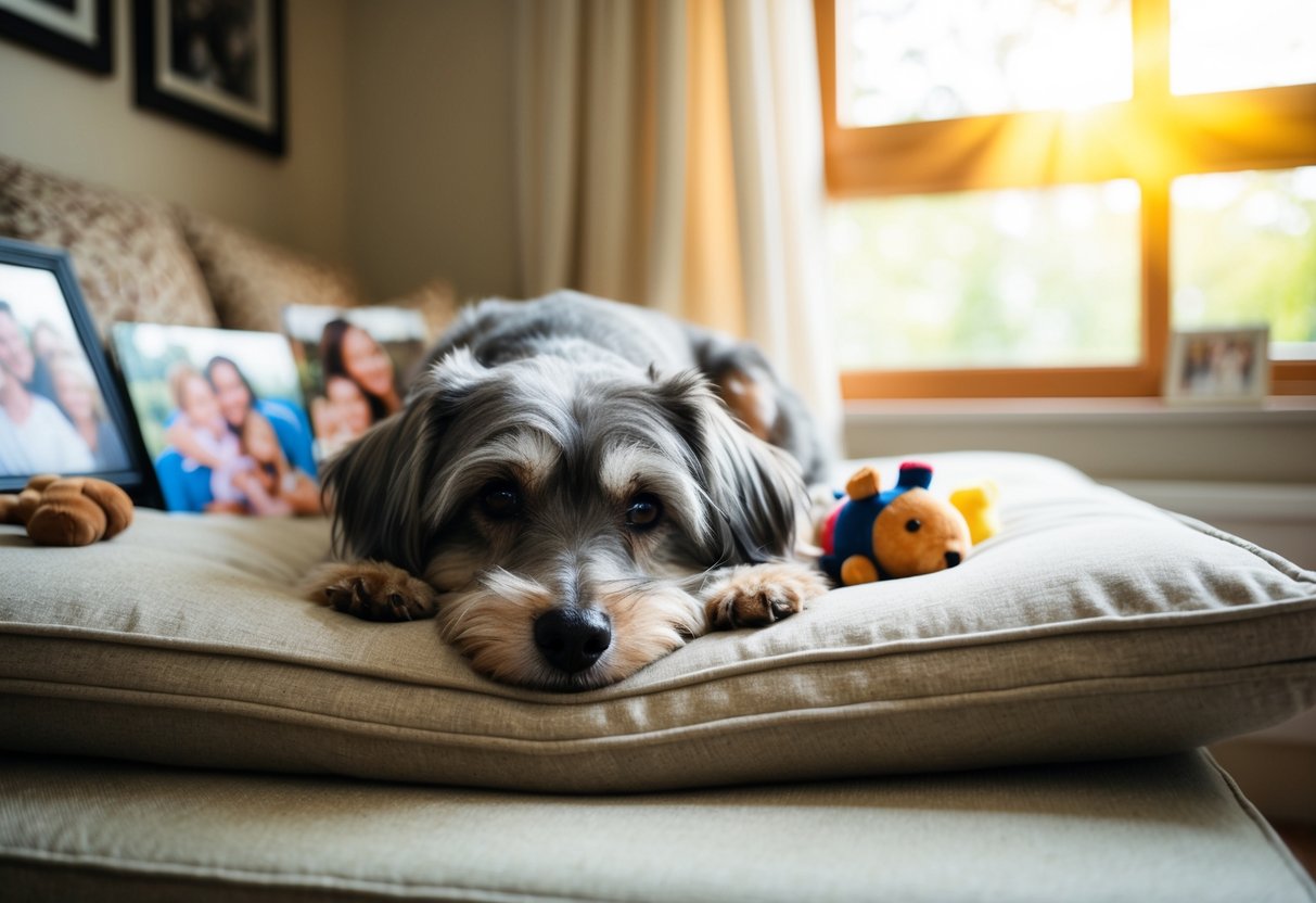 A gray-muzzled dog rests on a worn, cushioned bed surrounded by family photos and a well-loved toy. Sunlight filters through a window, casting a warm glow on the peaceful scene