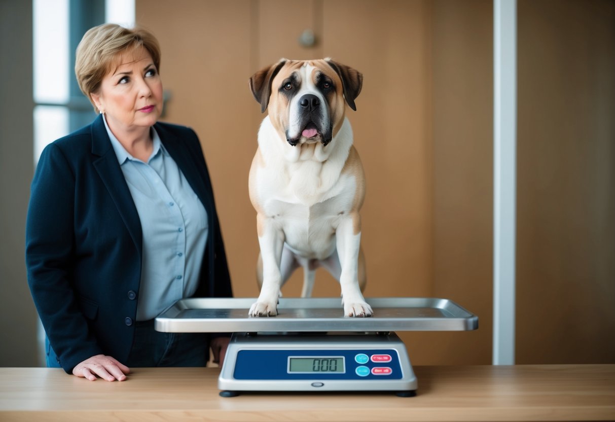 A large dog standing on a scale, looking up at the numbers, with a concerned owner nearby