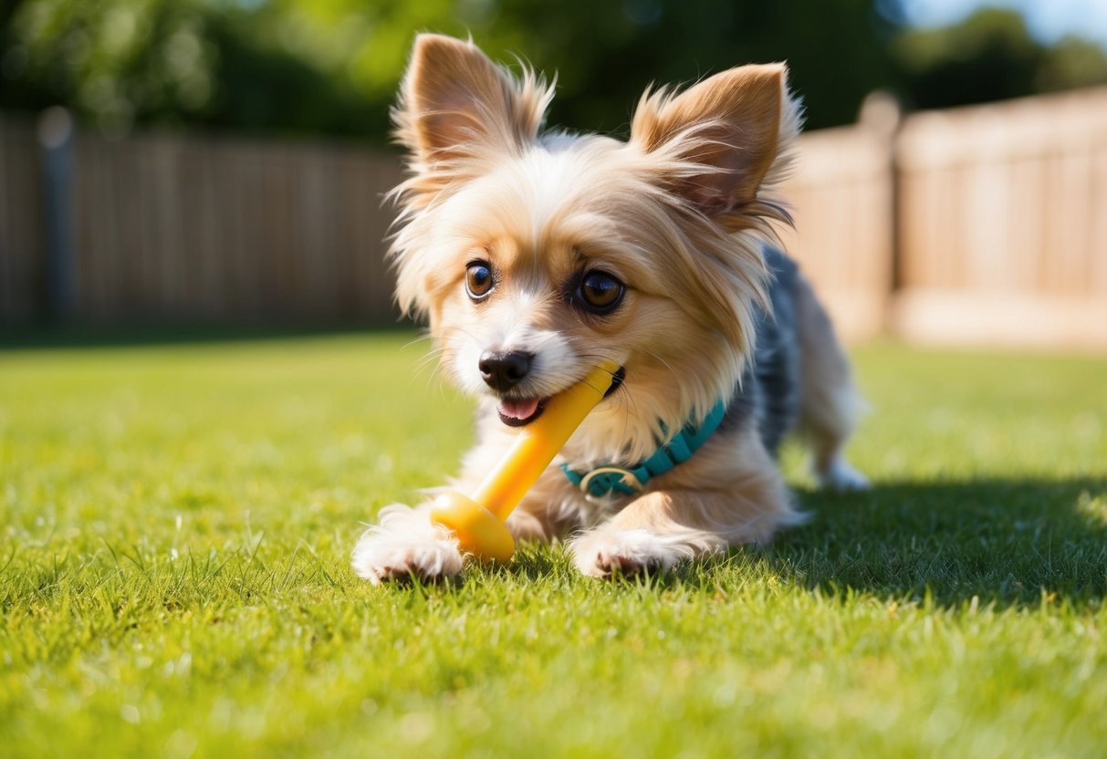 A small, fluffy dog with bright, curious eyes plays with a chew toy in a sunny backyard