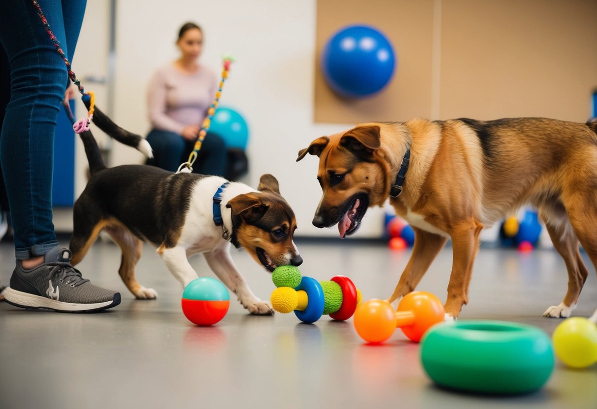 A 1-year-old dog playing with toys and interacting with other dogs in a training and socialization class