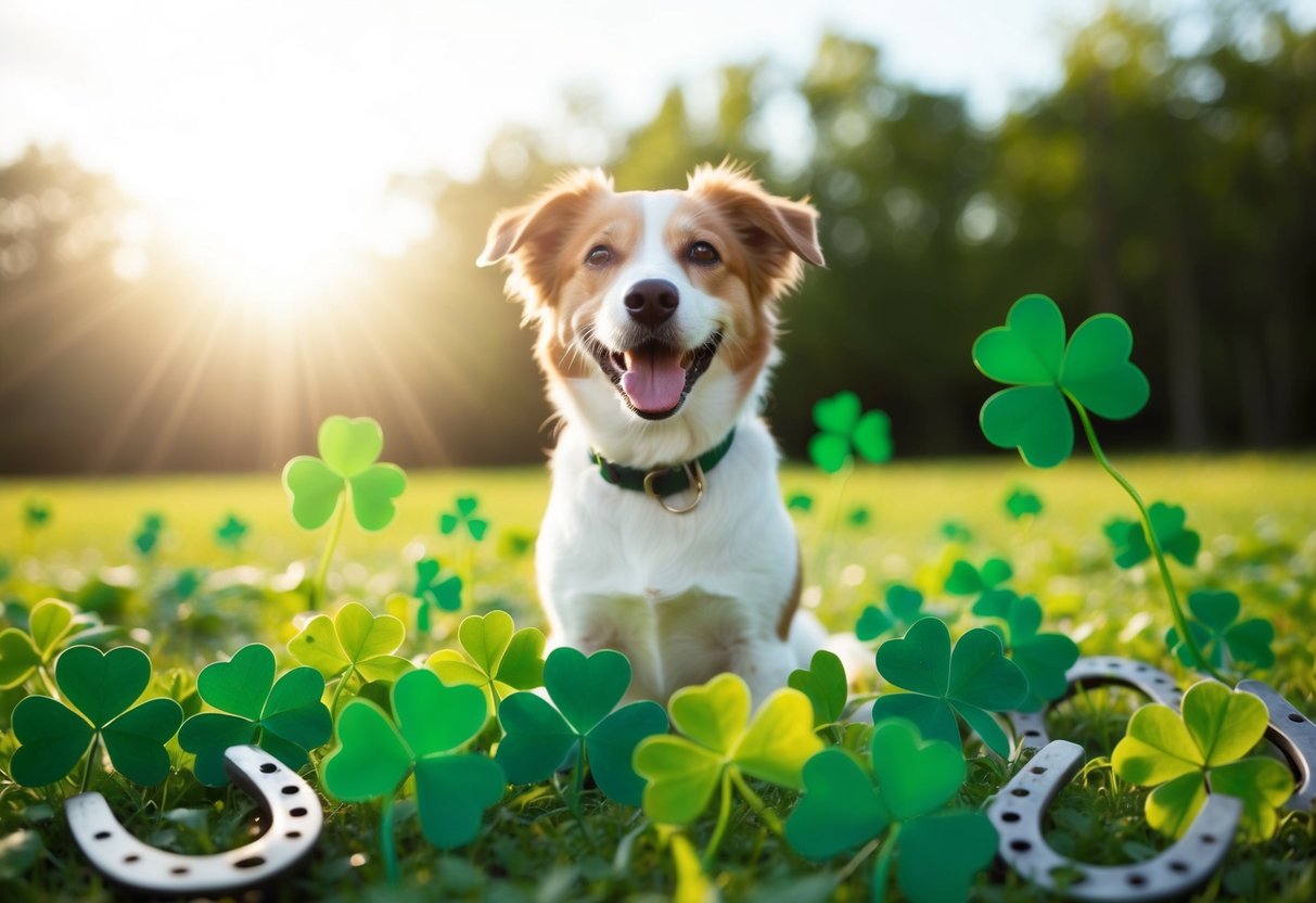 A happy dog surrounded by four-leaf clovers and horseshoes, with a bright sun shining in the background