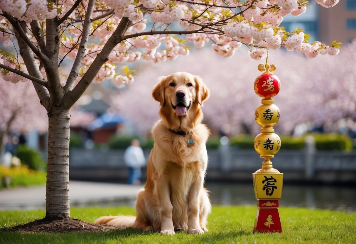 A golden retriever sits beneath a blooming cherry blossom tree, surrounded by symbols of luck and prosperity