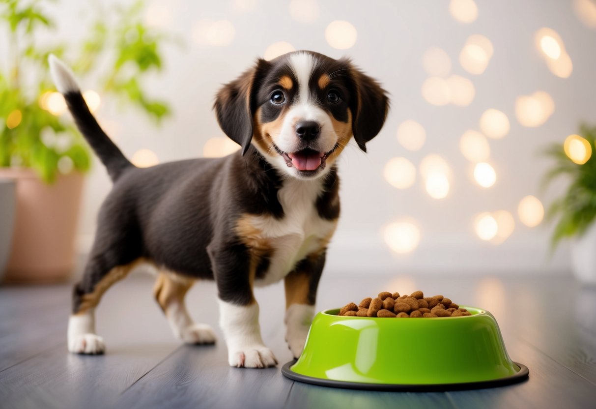 A 1-year-old dog standing next to a bowl of puppy food, with a playful expression and a shiny, healthy coat