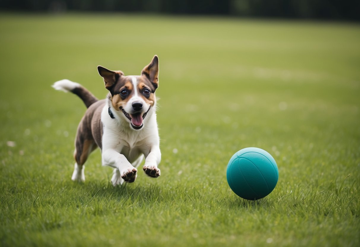 A playful 1-year-old dog running in a grassy field, chasing after a ball with a happy and energetic expression on its face