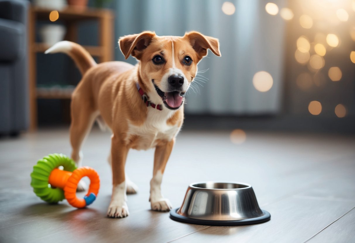 A 1-year-old dog with playful energy and curious expression, standing next to a chewed-up toy and a spilled water bowl
