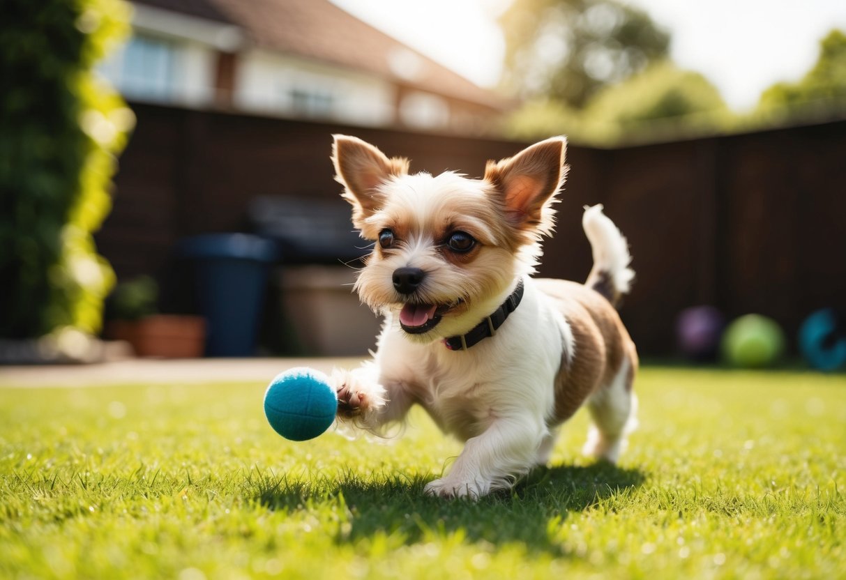 A small dog with a youthful appearance, playing with a toy in a sunlit backyard