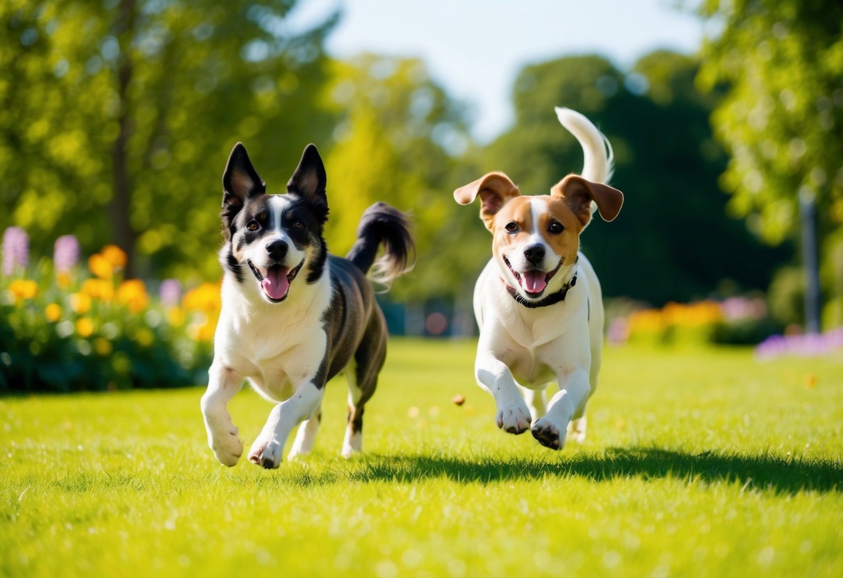 Two dogs playing in a sunny park, surrounded by greenery and flowers. One dog is wagging its tail while the other jumps playfully