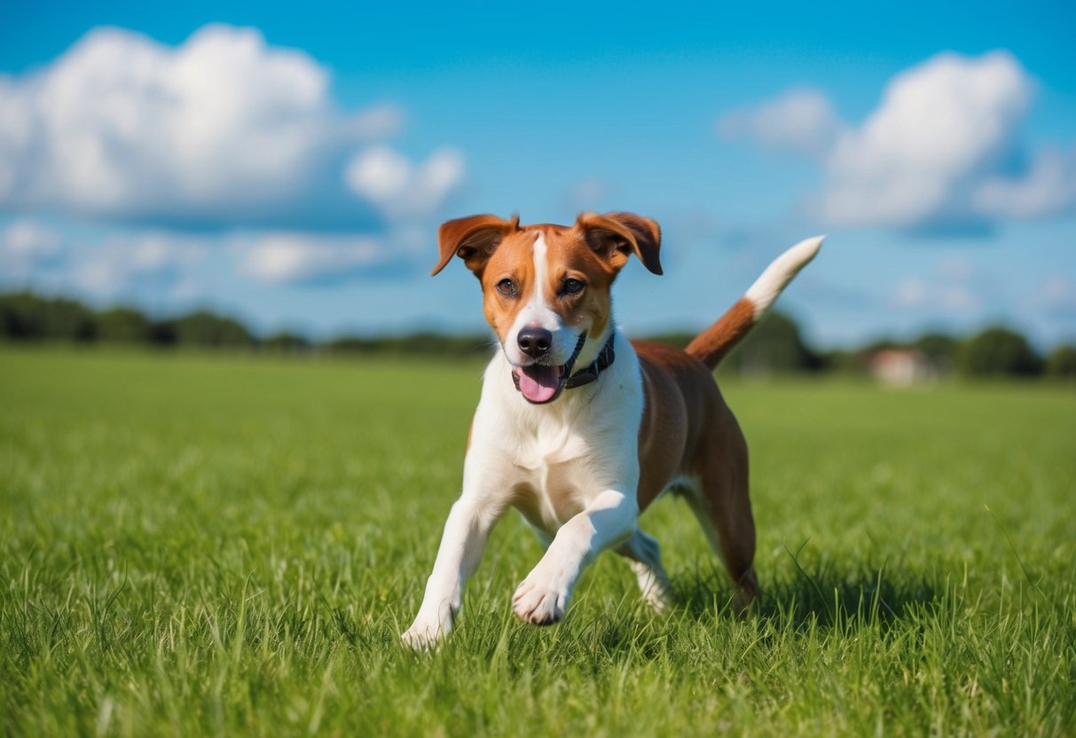 A young adult dog, around 1 year old, is playing in a grassy field with a bright blue sky and a few fluffy clouds in the background