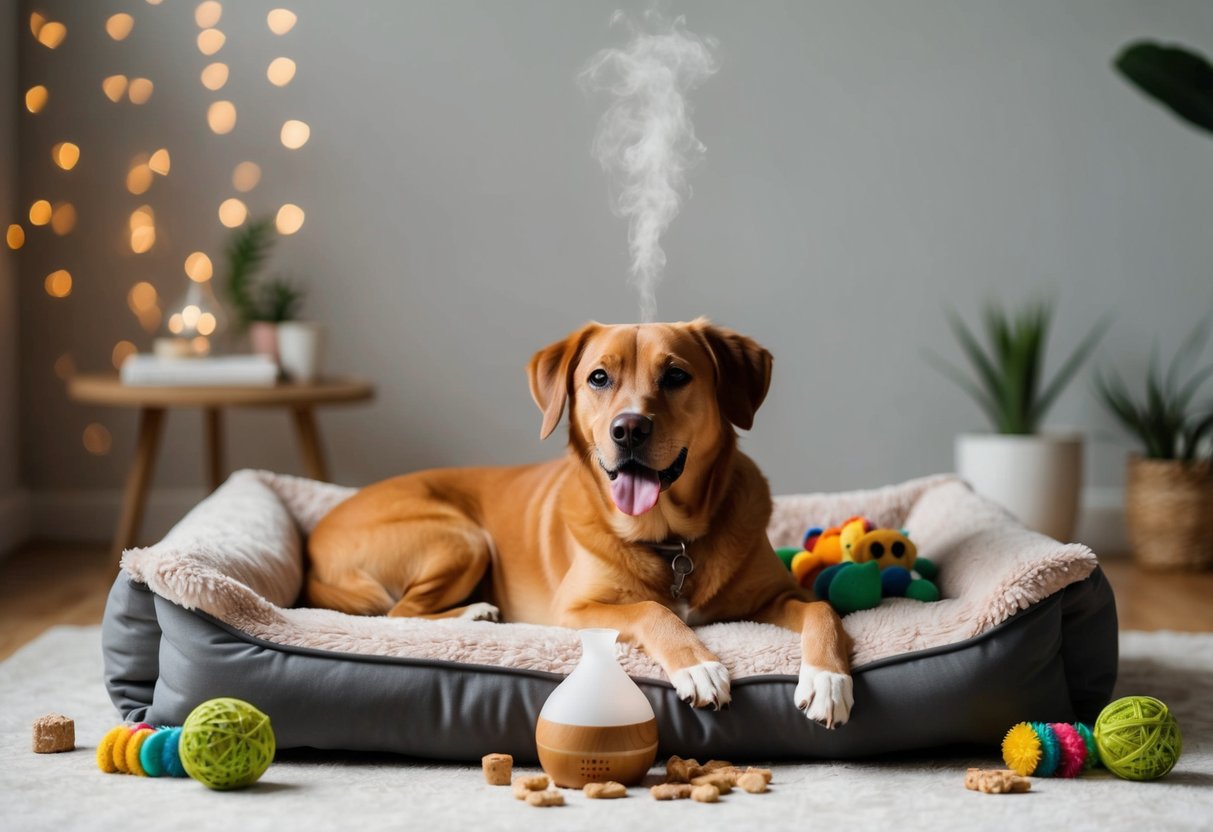 A contented dog lounges on a plush bed surrounded by toys and healthy treats, while a soothing aroma therapy diffuser fills the air