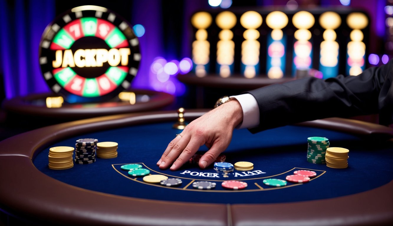 Sebuah meja poker dengan tangan royal flush, chip, dan tanda jackpot yang bersinar di latar belakang