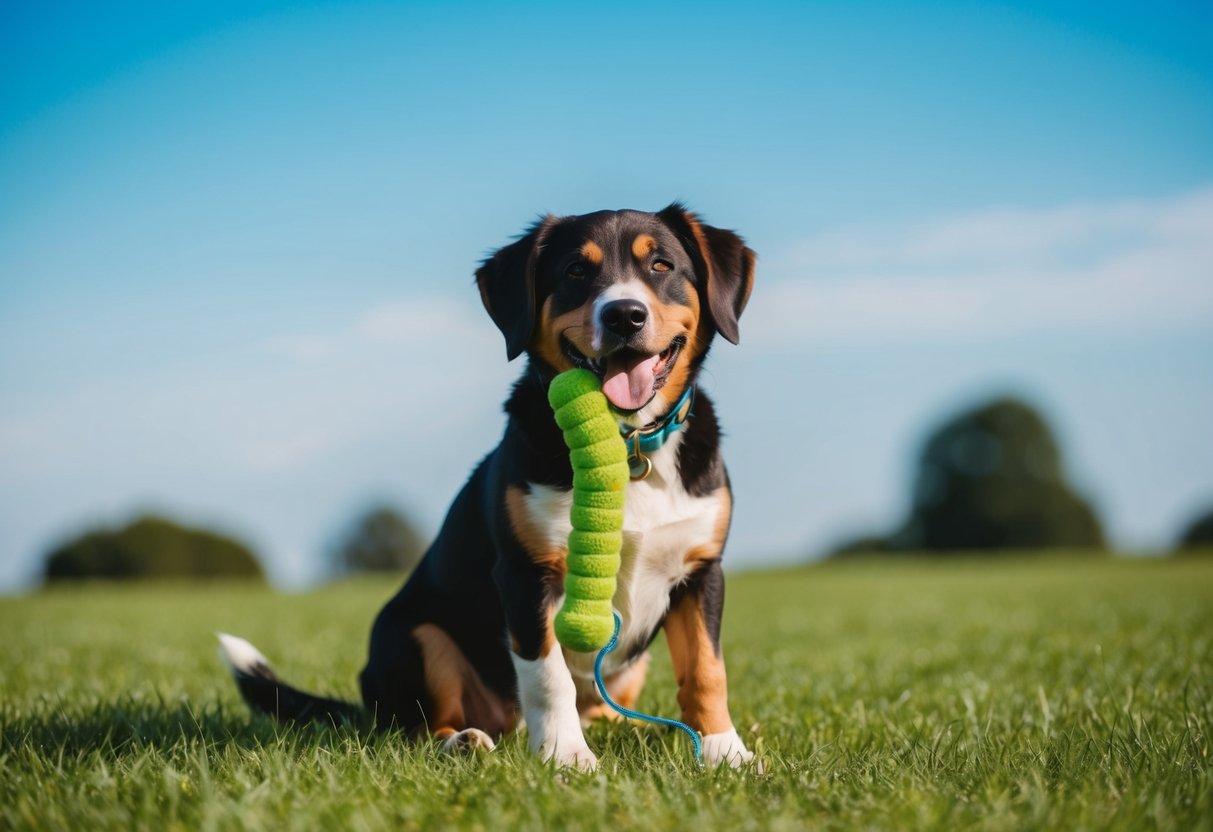 A happy 1-year-old dog plays with a toy while sitting on a grassy field, with a clear blue sky in the background
