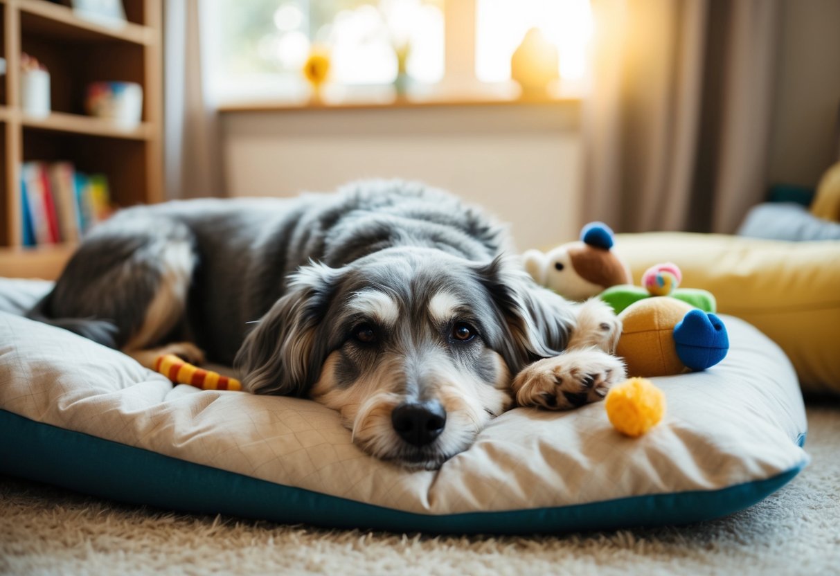 A 13-year-old dog with gray fur lies peacefully in a cozy bed, surrounded by familiar toys and a warm, sunlit room
