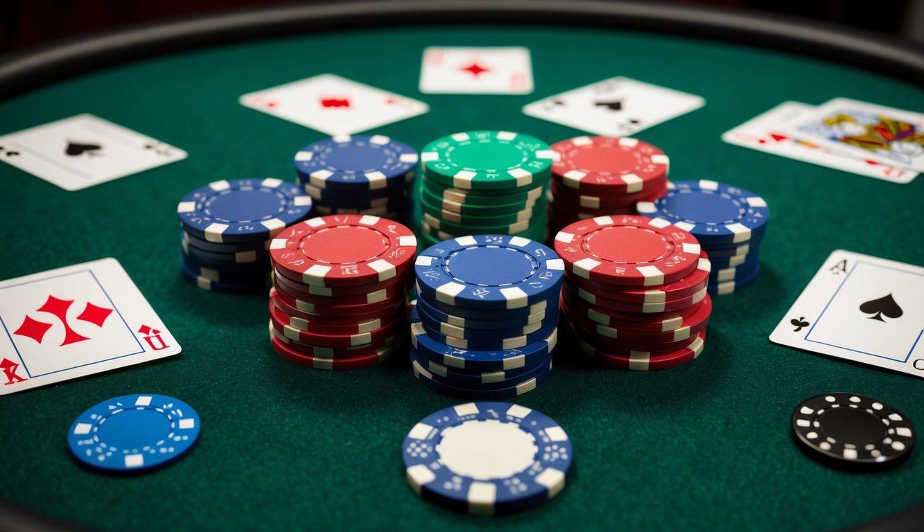 Sekelompok chip poker yang disusun di atas meja felt hijau, dikelilingi oleh kartu permainan dan tombol dealer