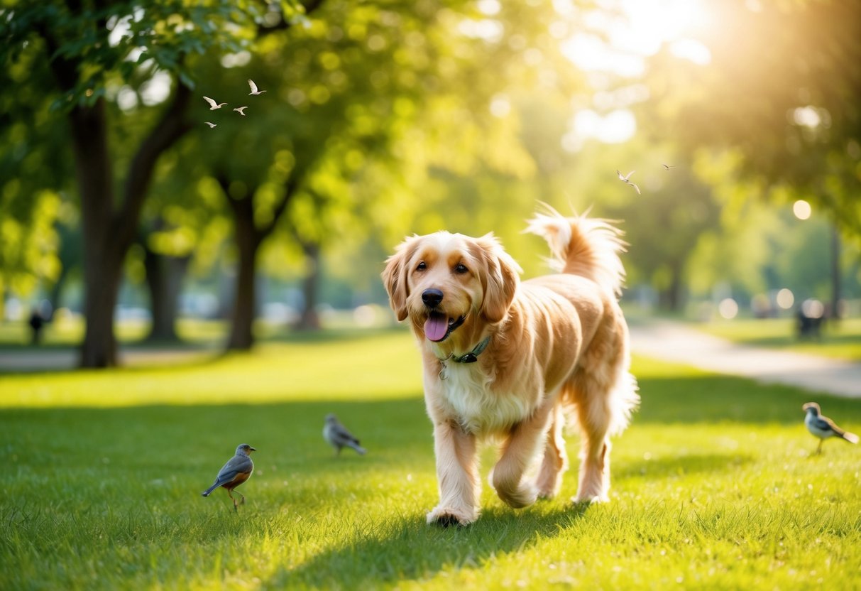 A senior dog enjoying a leisurely walk in a peaceful, sunlit park, surrounded by lush greenery and chirping birds