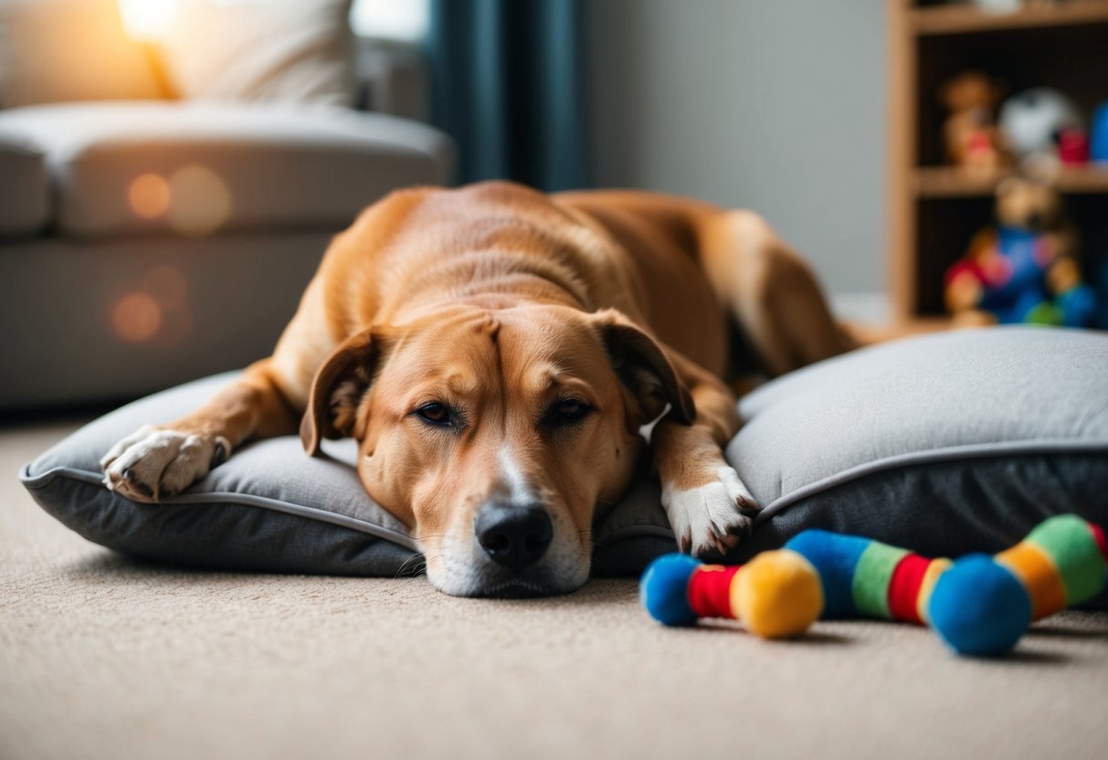 A 13-year-old dog lying down with a tired expression, surrounded by comforting objects like a soft bed and familiar toys