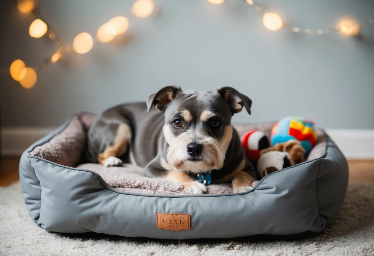A gray-muzzled dog with a slightly arched back, resting on a plush dog bed surrounded by well-loved toys