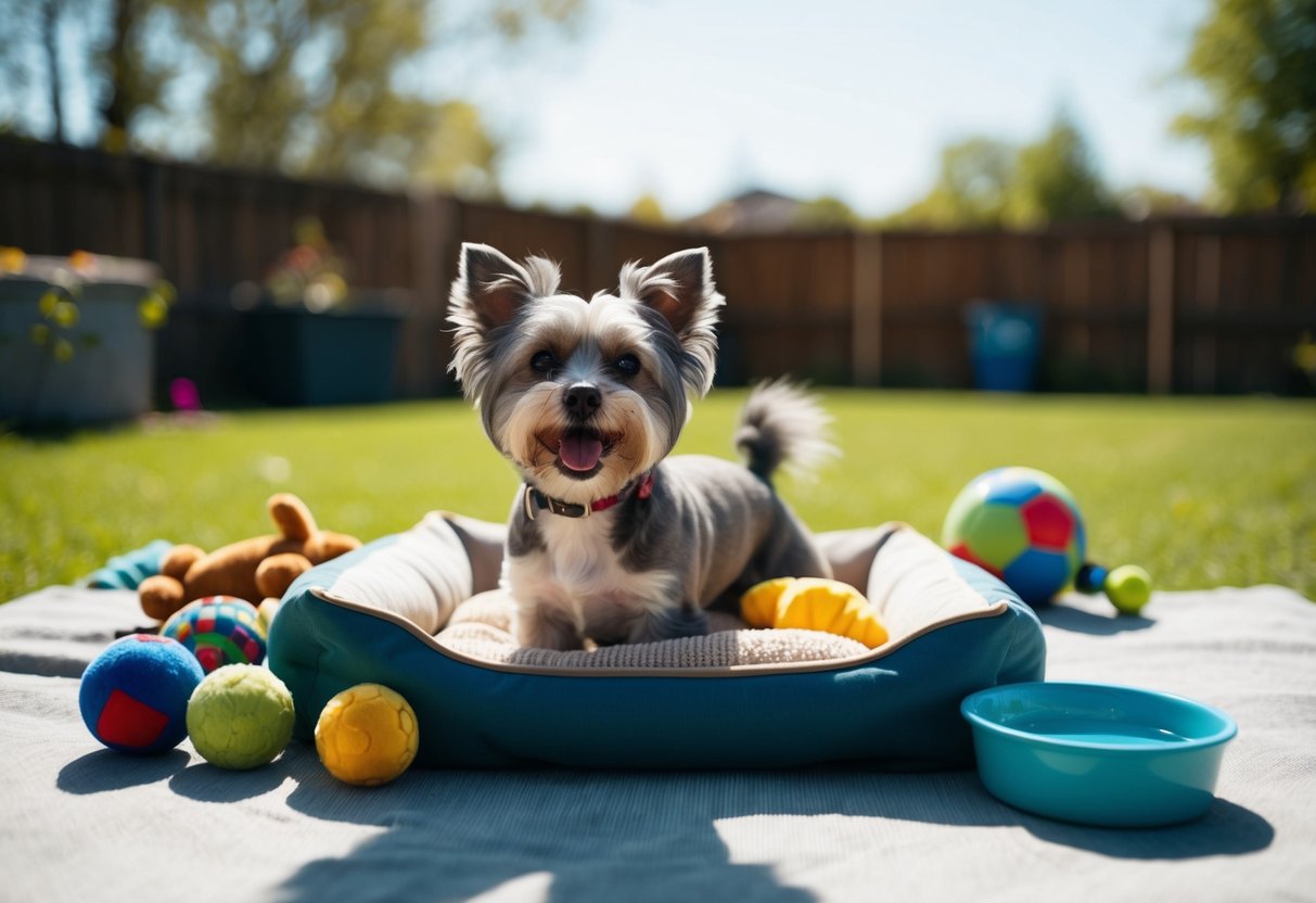 A small dog with gray fur and a wagging tail, surrounded by toys and a cozy bed, in a sunny backyard with a bowl of water