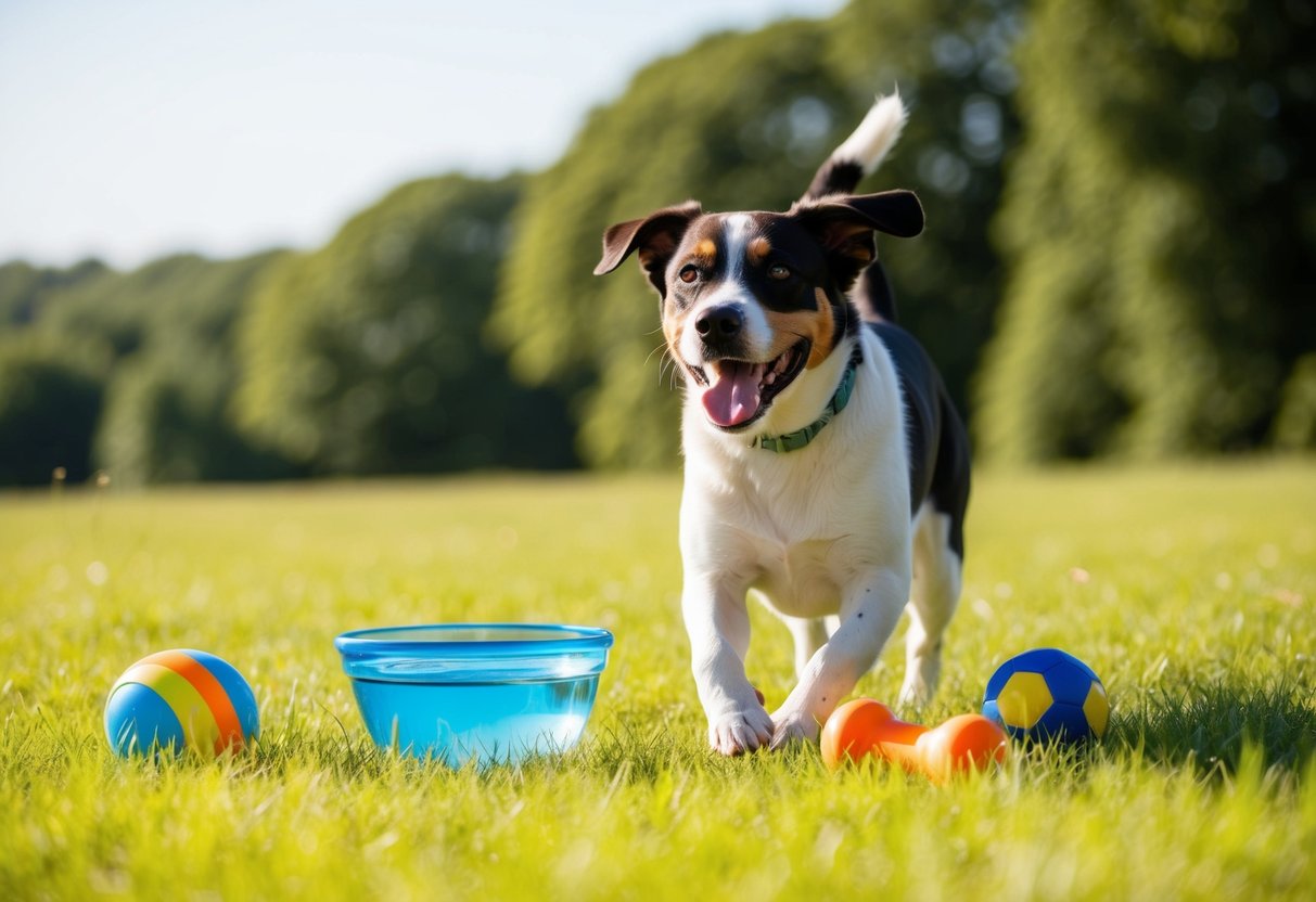 A happy dog playing in a sunny field, surrounded by toys and a bowl of water