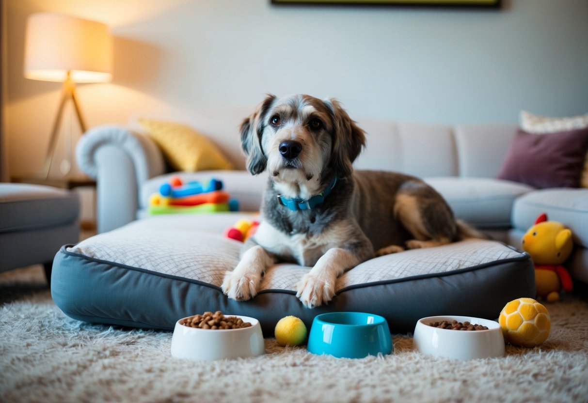 A middle-aged dog, with graying fur, sits comfortably on a plush bed, surrounded by toys and bowls of water and food