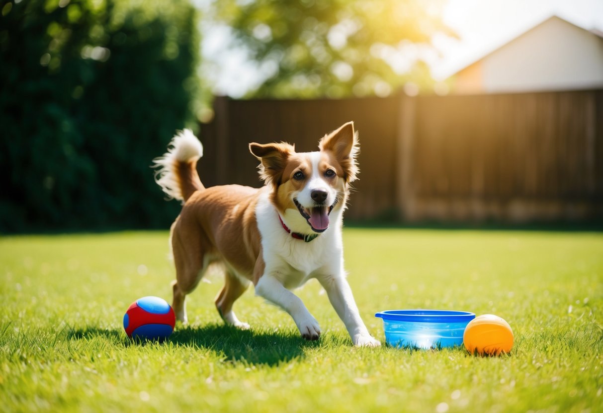 A happy dog with a wagging tail, playing outside in a green, sunny yard, surrounded by toys and a full water bowl