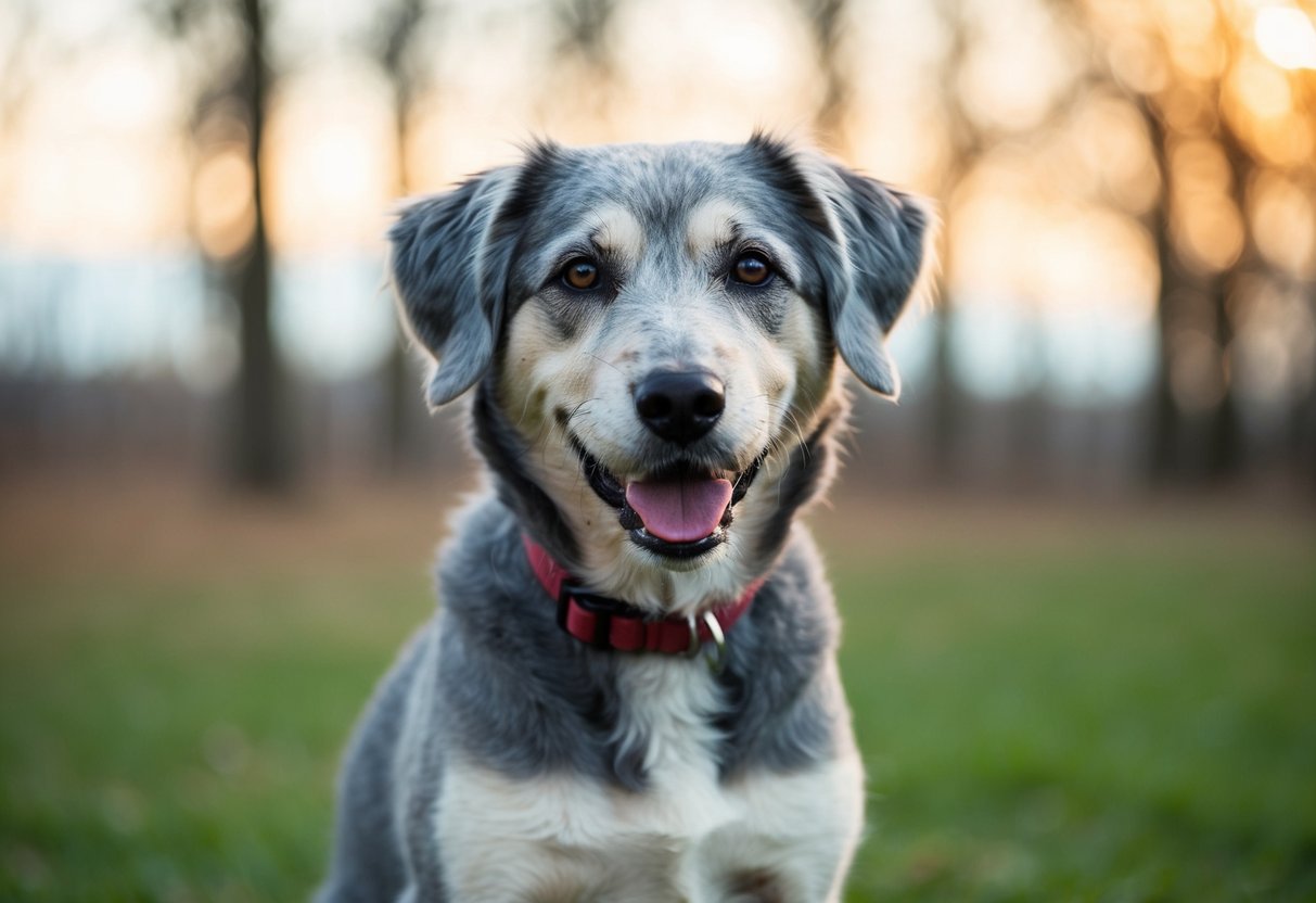 A 5-year-old dog with graying fur and slower movements, showing signs of aging