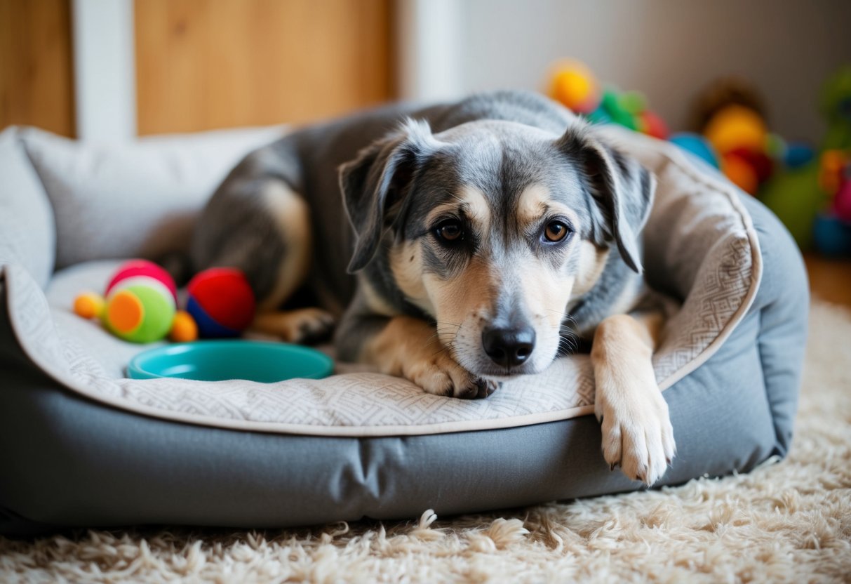 A 5-year-old dog with graying fur and slower movements, resting in a cozy bed surrounded by toys and a bowl of water