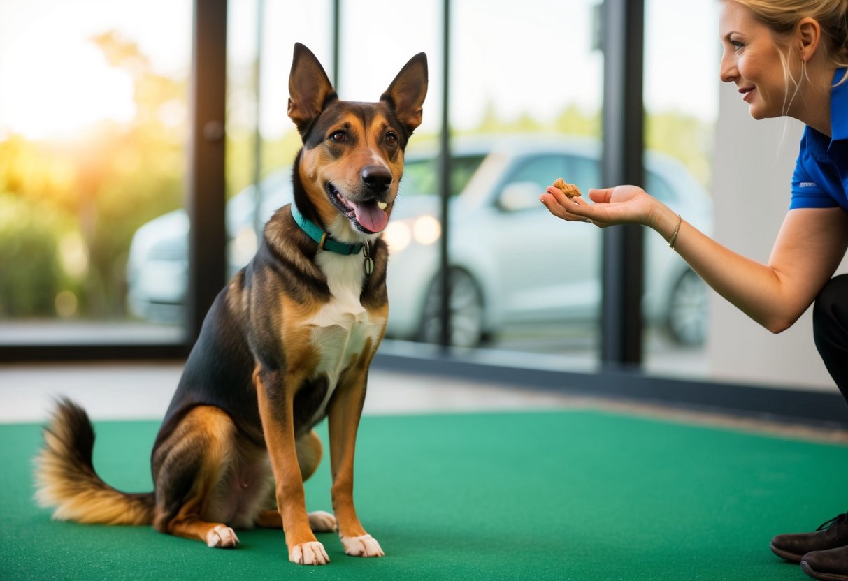 A 5 year old dog sitting attentively, ears perked, eyes focused, and tail wagging, as a trainer holds a treat and gestures with a hand