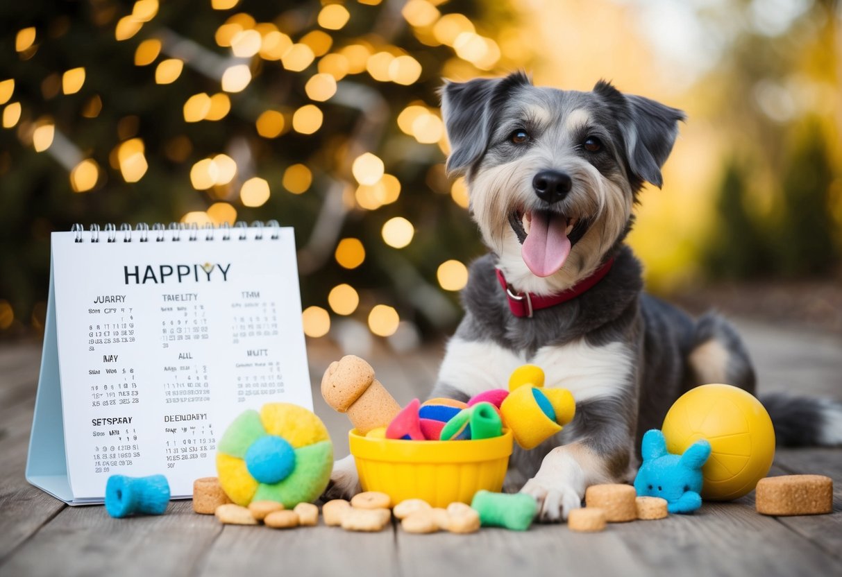 A happy dog with a gray muzzle and wagging tail surrounded by toys and treats, with a calendar showing seven years marked off