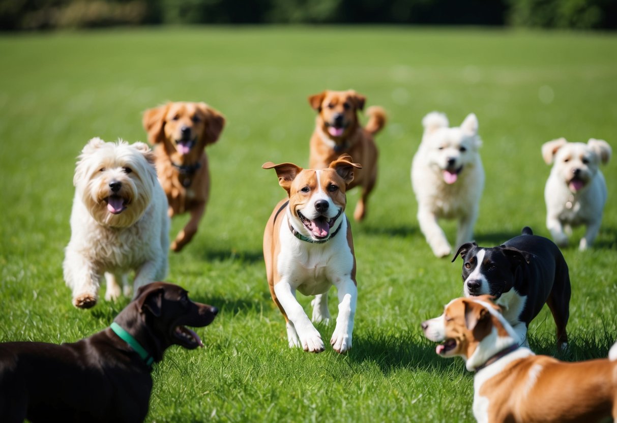 A happy dog playing in a green field, surrounded by various dog breeds of different sizes and colors
