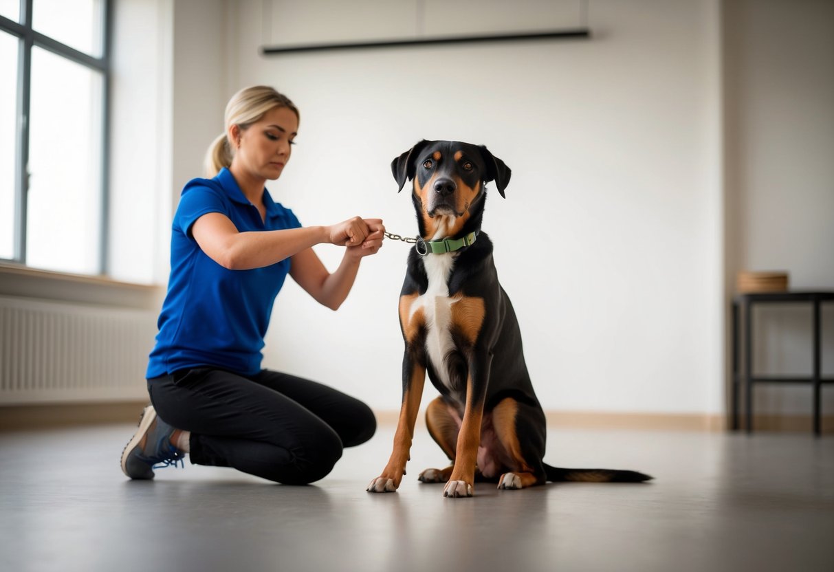 A 5-year-old dog sitting attentively, focused on its owner's commands during a training session in a spacious, well-lit room