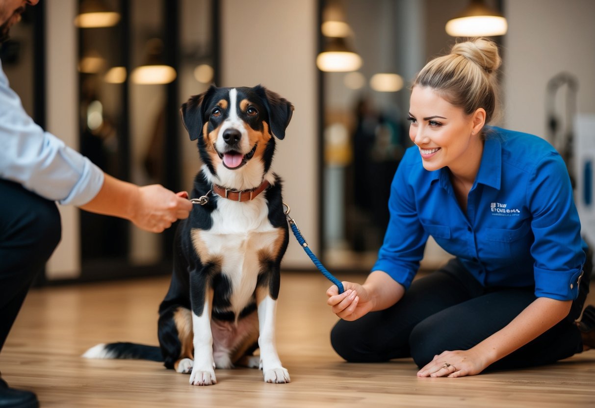 A 5 year old dog sitting attentively in front of a professional dog trainer, eagerly learning new commands