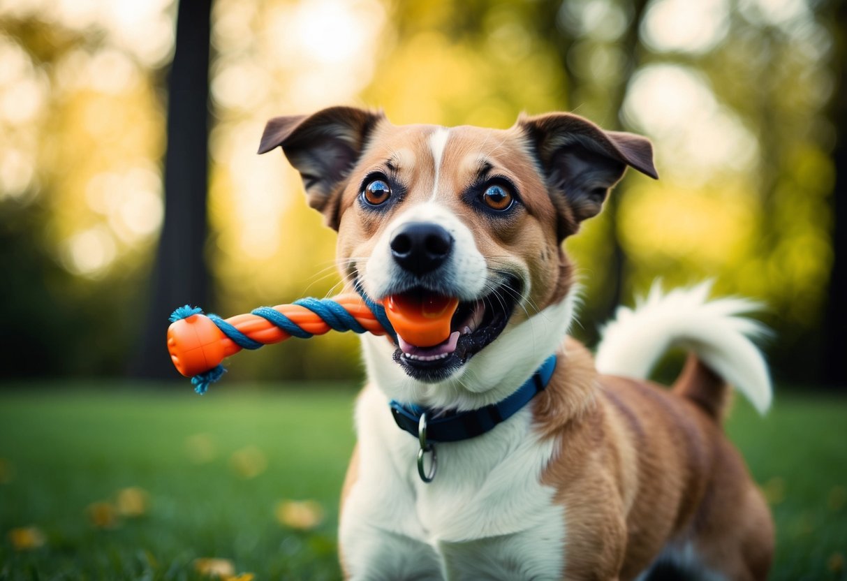 A 7-month-old dog playing with a chew toy, wagging its tail and looking up with bright, curious eyes