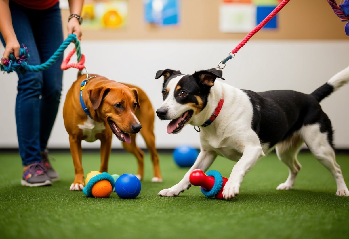 A 7-month-old dog playing with toys and interacting with other dogs at a training and socialization class